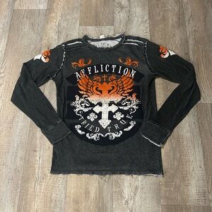 Y2K Affliction Black and Orange Graphic Long Sleeve Shirt Grunge Emo Goth Punk